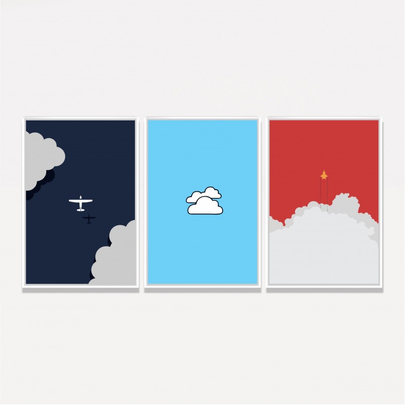 Kit Quadros decorativos Avião Nuvens Jato - 3 Peças