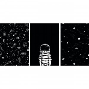 Kit Quadros Universo Astronauta Estrelas Galáxias - Preto e Branco