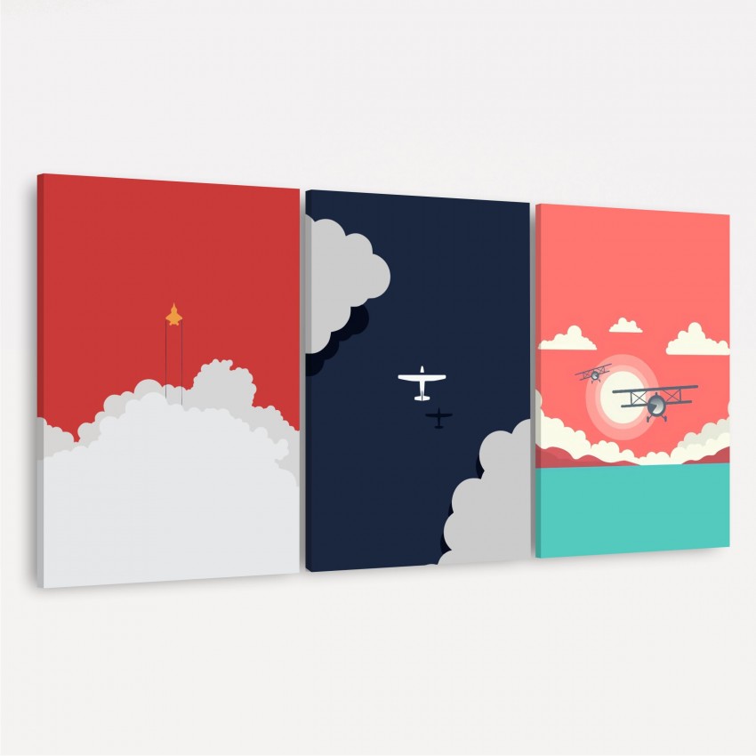Kit Quadros Aviões Nuvens Paisagem do Céu em Arte - 3 Peças