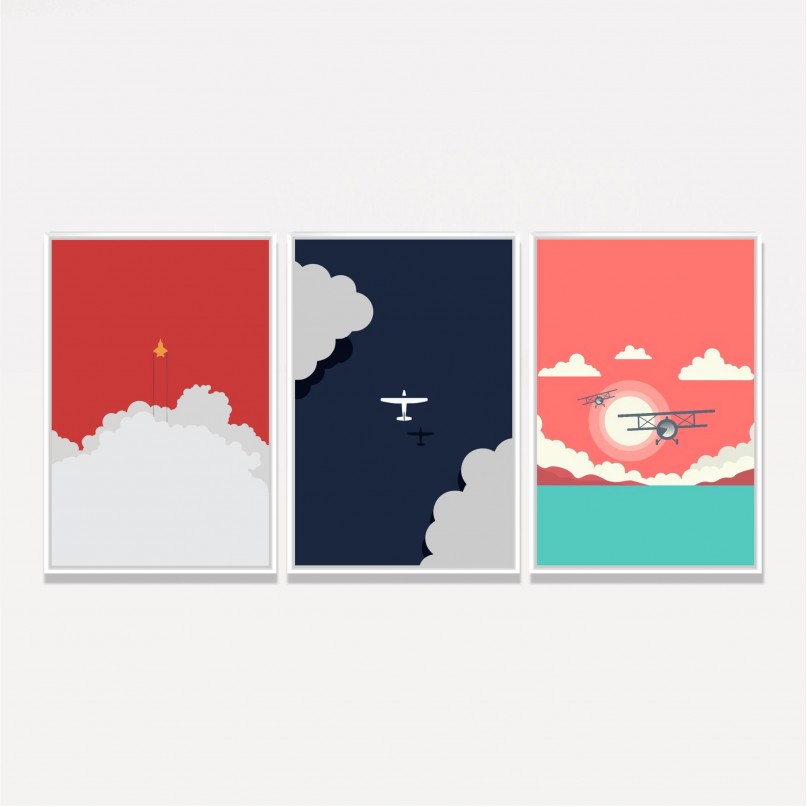 Kit Quadros Aviões Nuvens Paisagem do Céu em Arte - 3 Peças