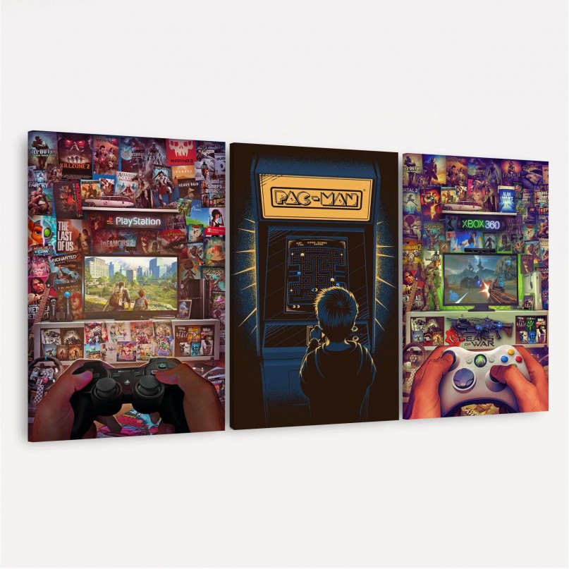 Kit Quadros decorativos Mundo dos Gamers Consoles - 3 Peças