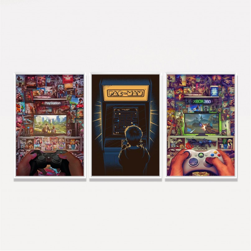 Kit Quadros decorativos Mundo dos Gamers Consoles - 3 Peças