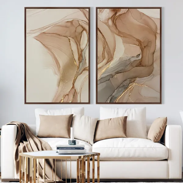 Quadro Abstrato Duo Alcohol Bege Marrom e Ouro
