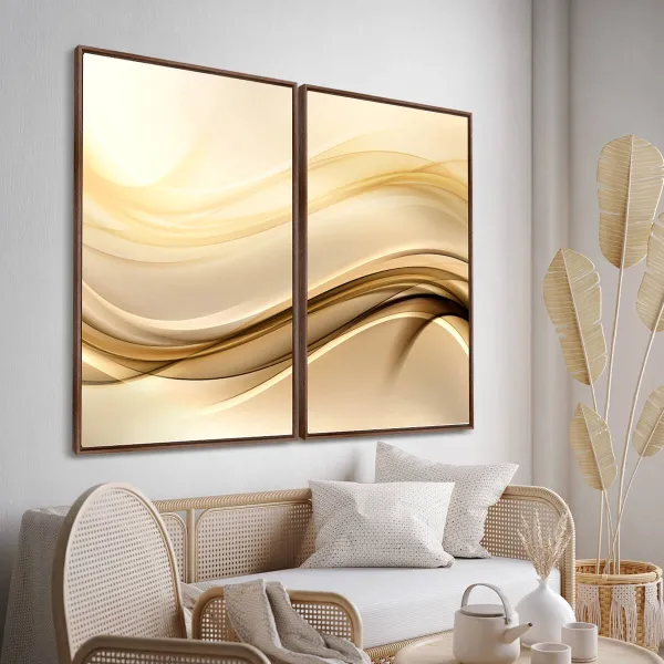 Quadro Abstrato Duo com Linhas de Ouro e Ondas