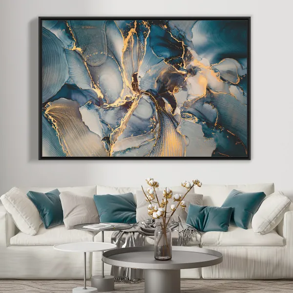 Quadro Abstrato Mix Azul e Dourado Moderno