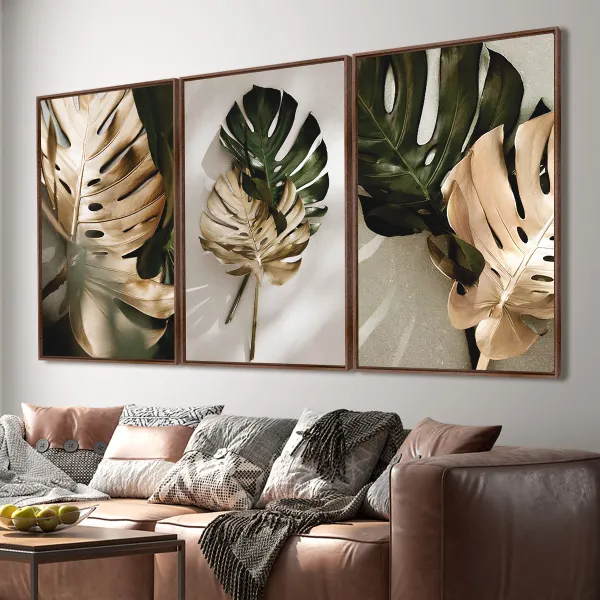 Quadro Folhagem Vintage Costela de Adão em Dourado e Verde