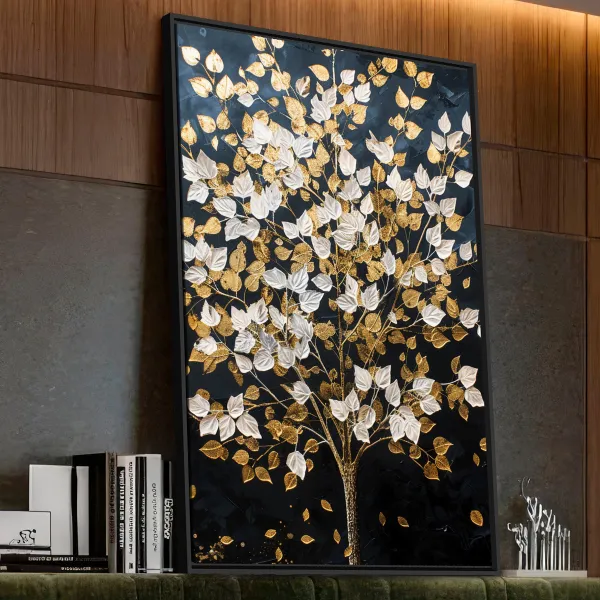 Quadro Abstrato Árvore Folhas Douradas e Brancas
