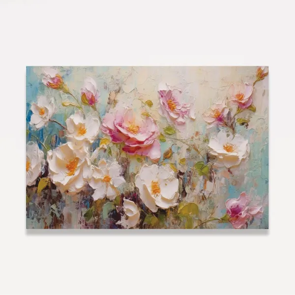 Quadro Floral Rosas e Peônias Estilo Textura Espatulada com tons suaves