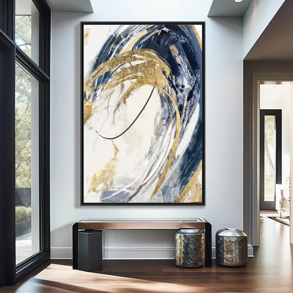 Quadro Arte Abstrata Contemporânea Ondas de Ouro e Azul