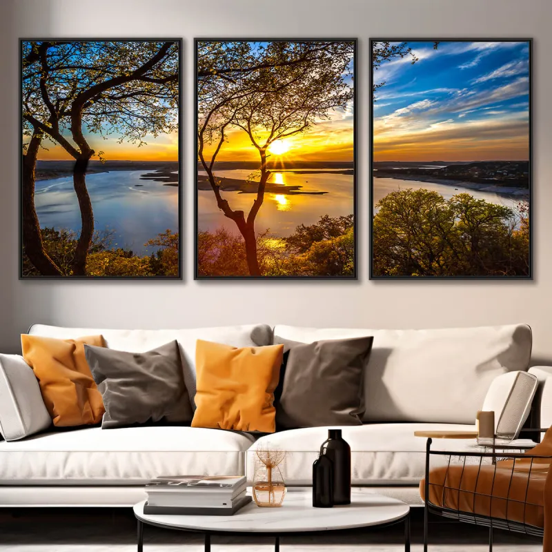 Quadro decorativo Paisagem Entardecer no Lago 3 Peças