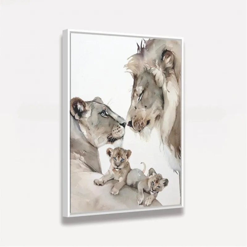 Quadro Decorativo Casal de Leões e Filhotes