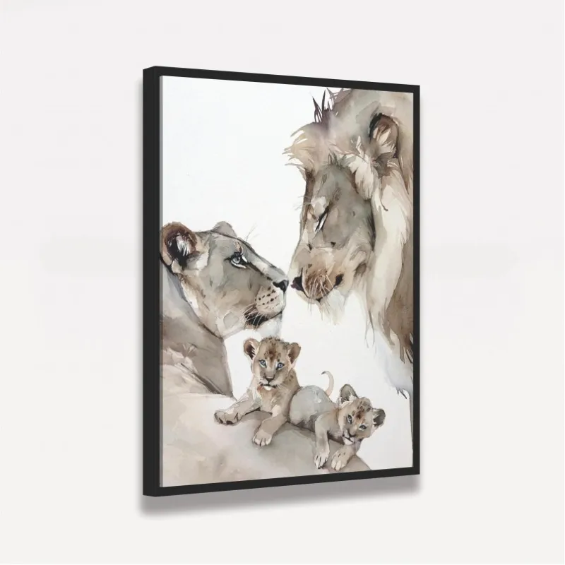 Quadro Decorativo Casal de Leões e Filhotes