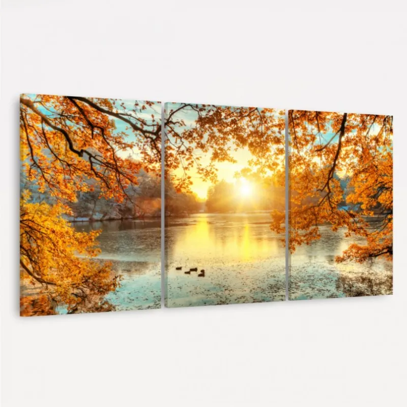 Quadro Paisagem Decorativo Entardecer Árvores e Lago