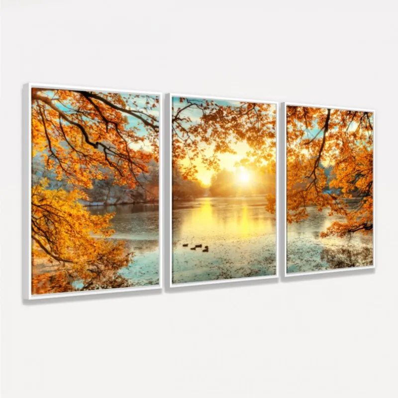 Quadro Paisagem Decorativo Entardecer Árvores e Lago