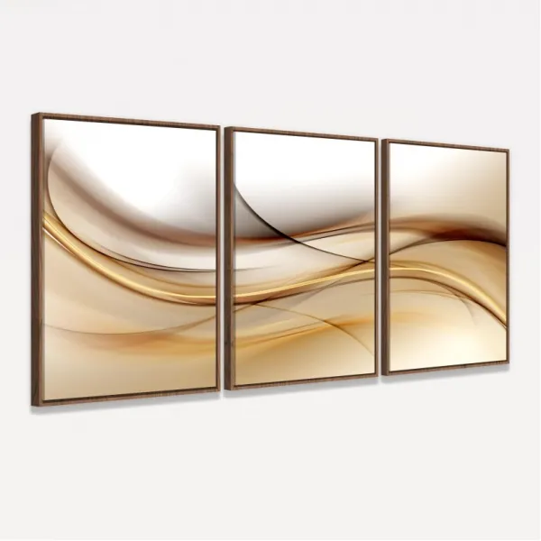 Quadro Abstrato Ondas de Ouro Marrom Tríptico