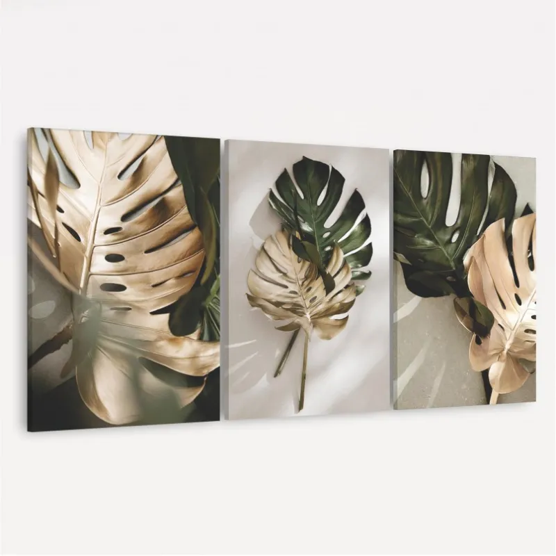 Quadro Folhagem Vintage Costela de Adão em Dourado e Verde