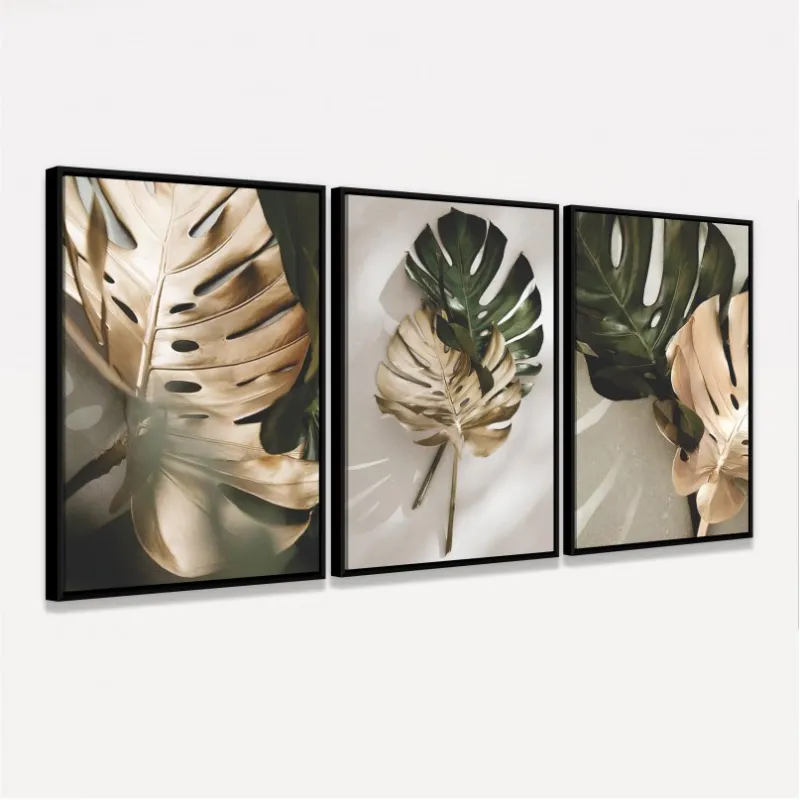 Quadro Folhagem Vintage Costela de Adão em Dourado e Verde