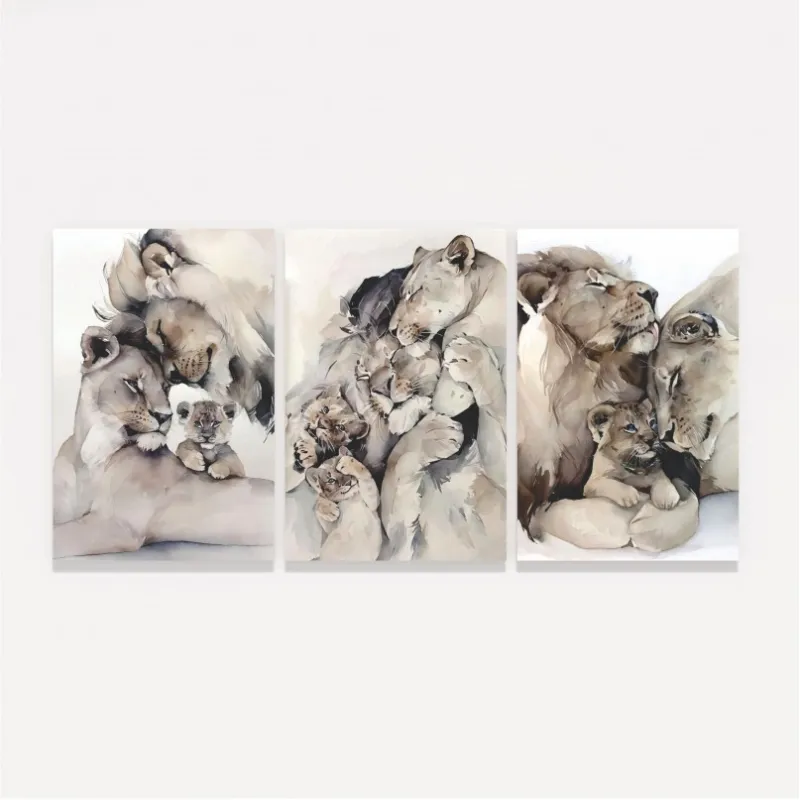 Quadro Leão Filhotes Kit Família Leonina Artístico - 3 Peças