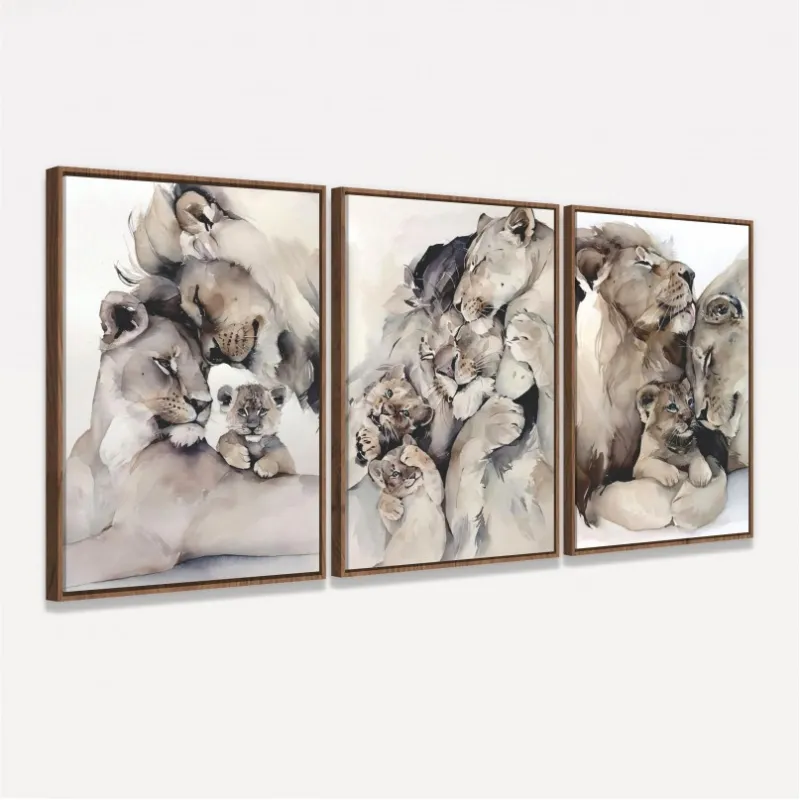 Quadro Leão Filhotes Kit Família Leonina Artístico - 3 Peças