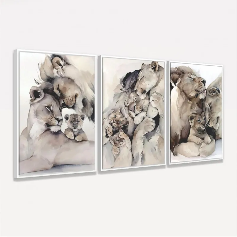 Quadro Leão Filhotes Kit Família Leonina Artístico - 3 Peças