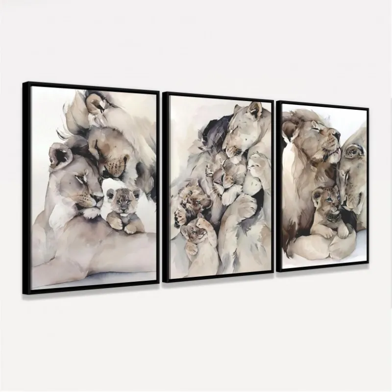 Quadro Leão Filhotes Kit Família Leonina Artístico - 3 Peças