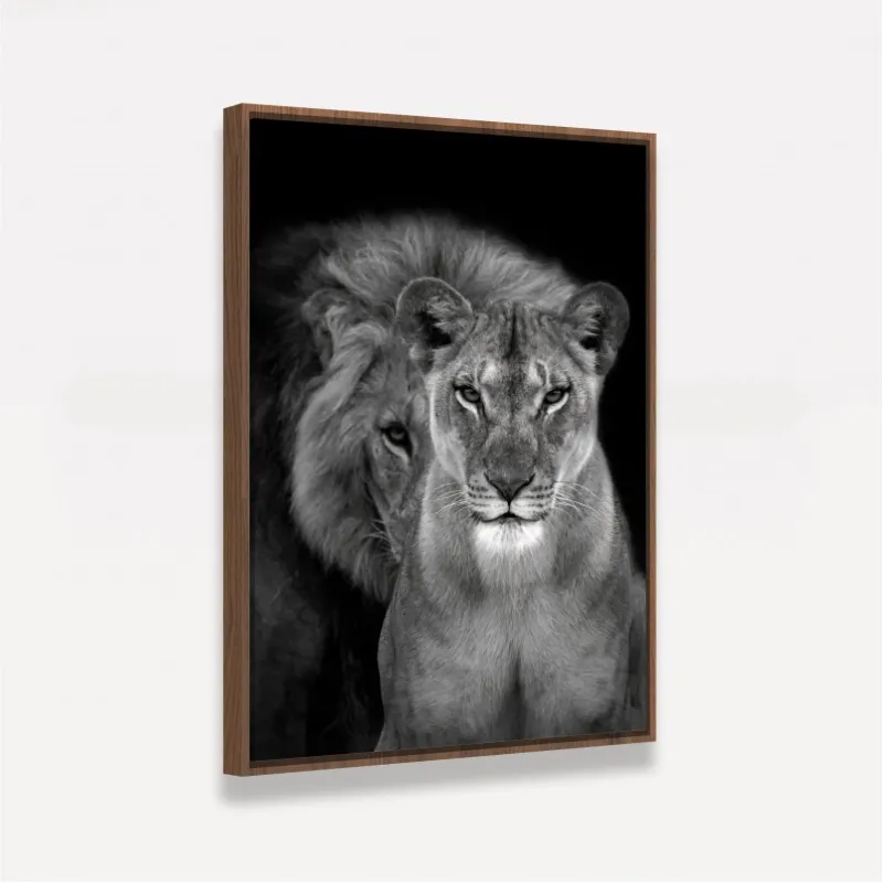 Quadro Casal de Leões Retrato P&B decorativo