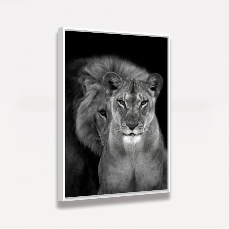 Quadro Casal de Leões Retrato P&B decorativo