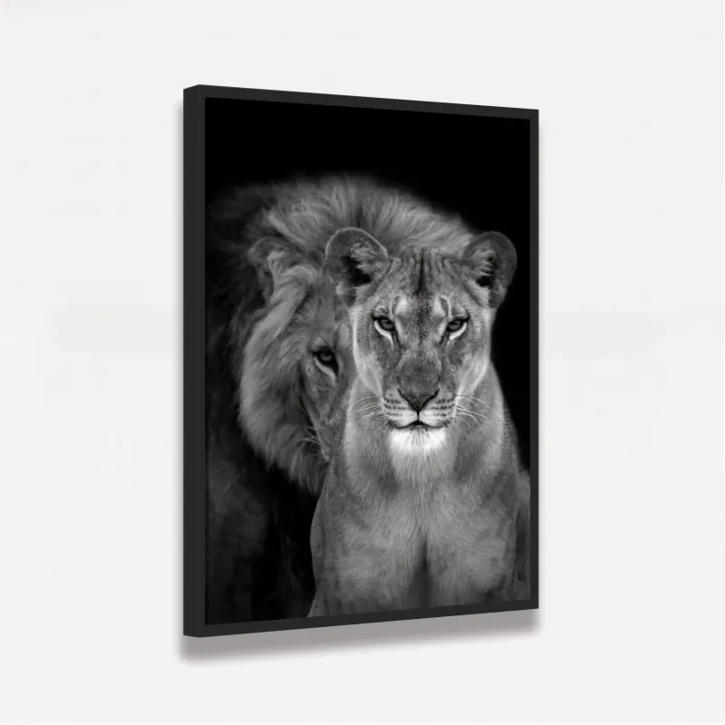Quadro Casal de Leões Retrato P&B decorativo
