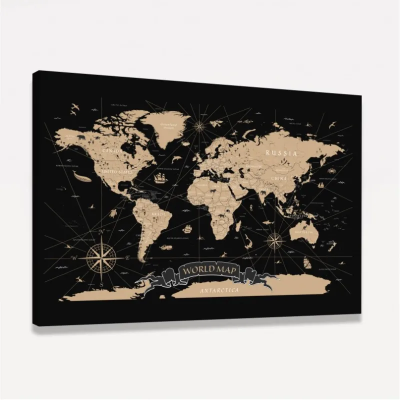 Quadro Mapa Mundi Vintage em Preto - World Map