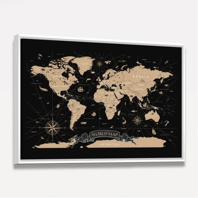 Quadro Mapa Mundi Vintage em Preto - World Map