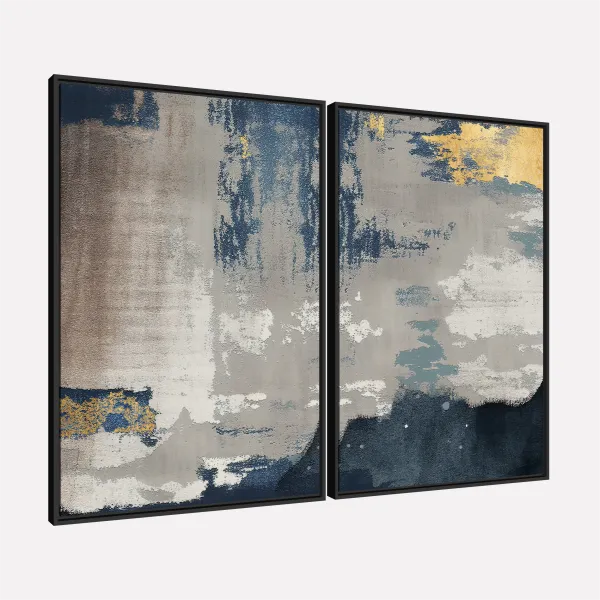 Quadro Duo Abstrato Arte Moderna Azul e Cinza Toque Metálico
