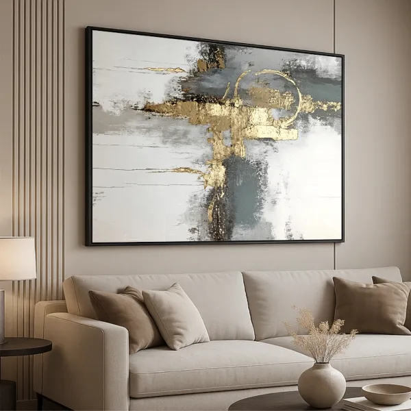 Quadro Abstrato Moderno em Tons Neutros com Detalhe Dourado