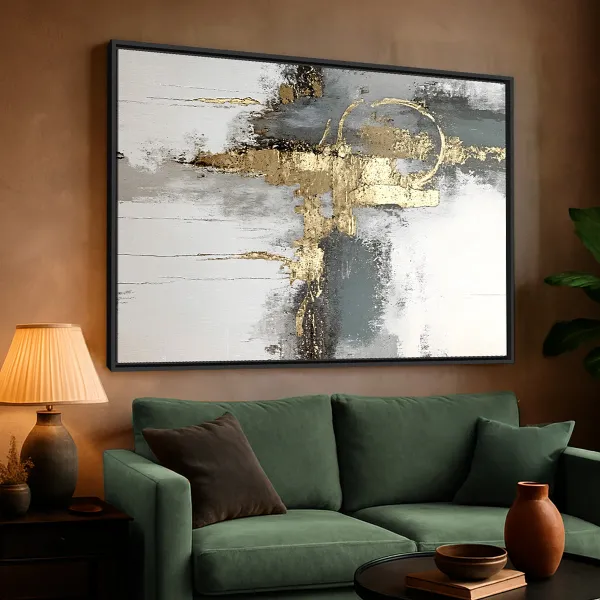 Quadro Abstrato Moderno em Tons Neutros com Detalhe Dourado