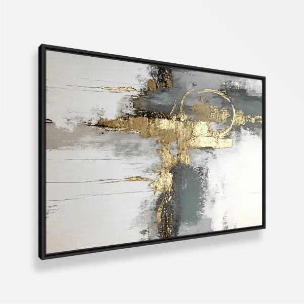 Quadro Abstrato Moderno em Tons Neutros com Detalhe Dourado