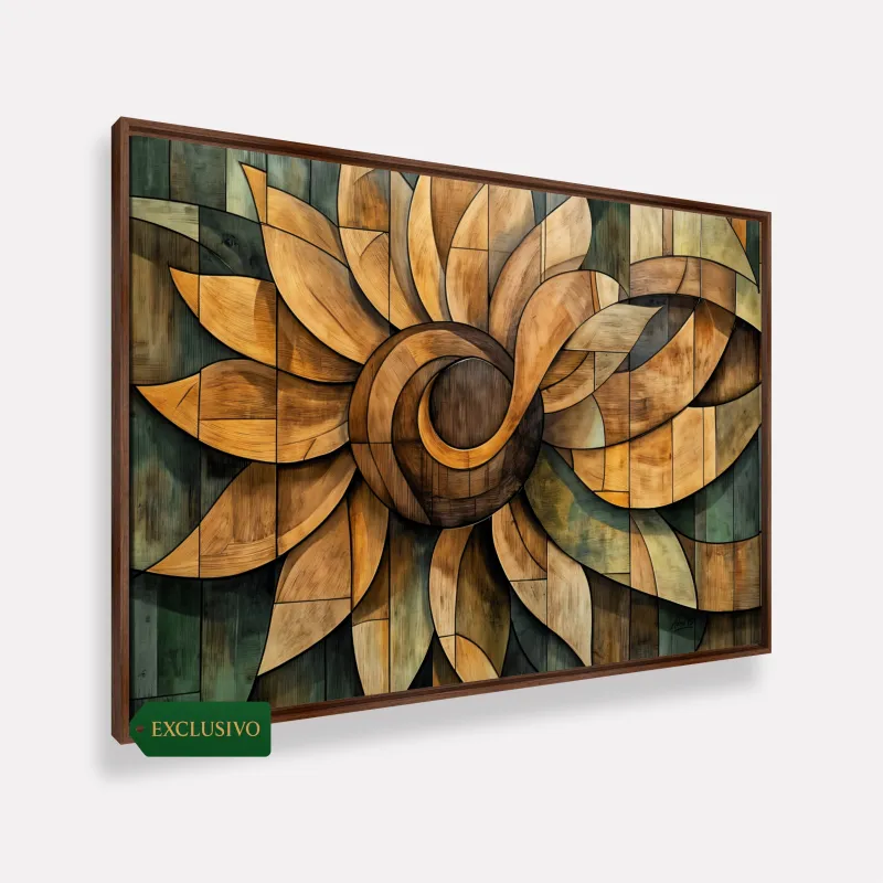 Quadro Abstrato Mandala de Girassol Ancestral Wood effect