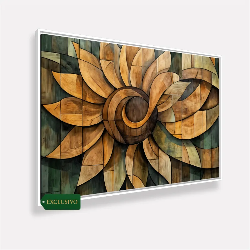 Quadro Abstrato Mandala de Girassol Ancestral Wood effect