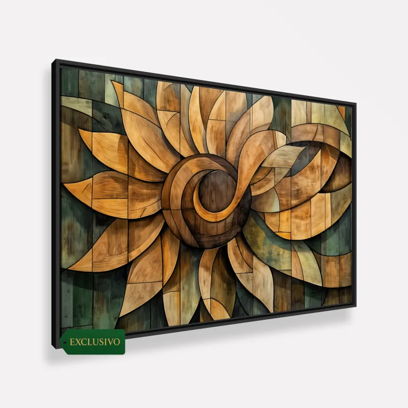 Quadro Abstrato Mandala de Girassol Ancestral Wood effect