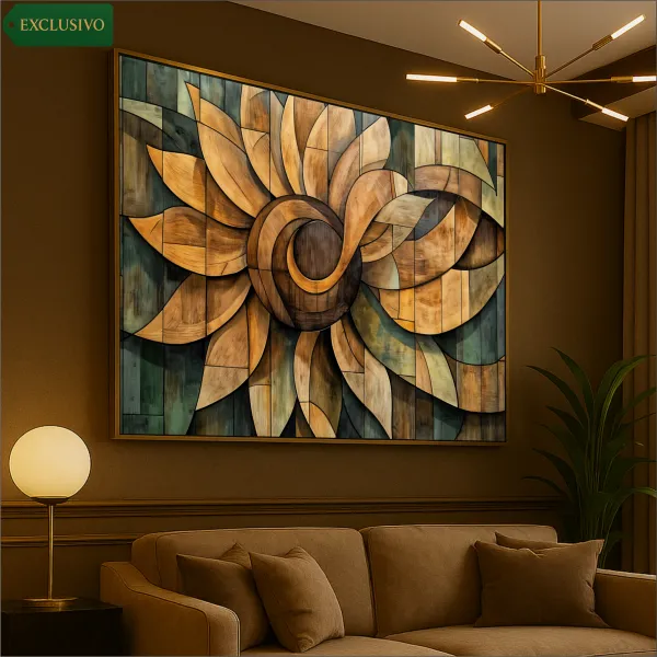 Quadro Abstrato Mandala de Girassol Ancestral Wood effect