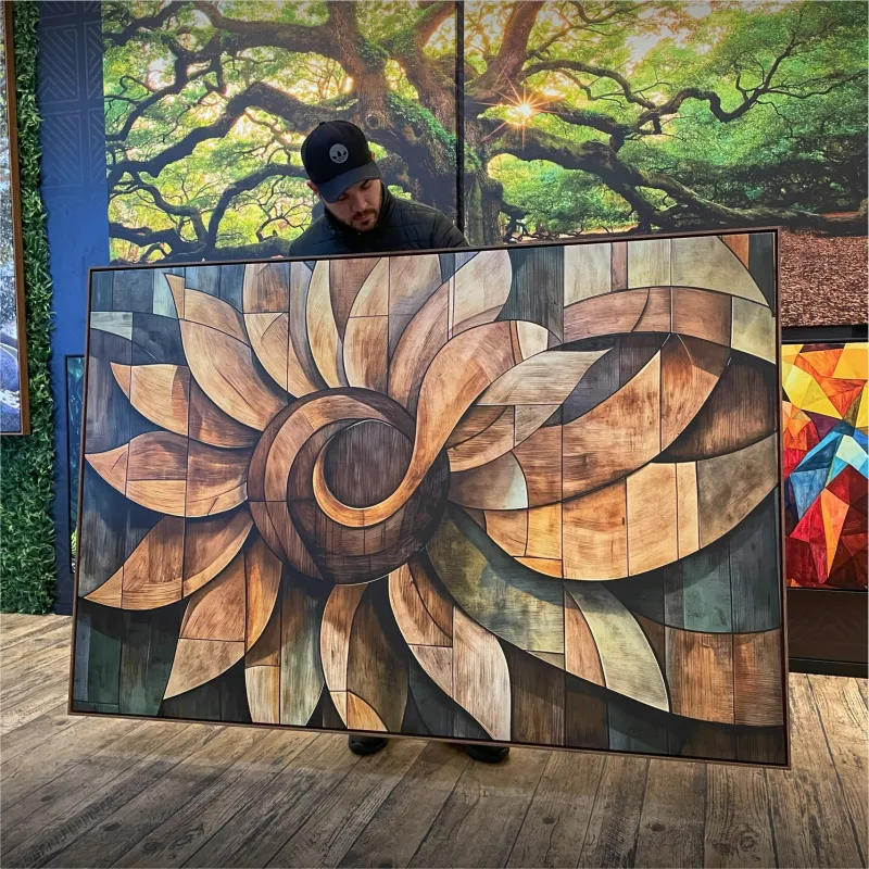 Quadro Abstrato Mandala de Girassol Ancestral Wood effect