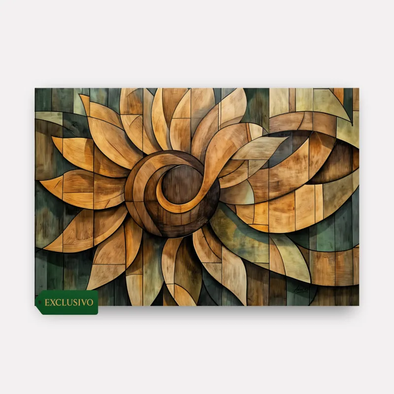 Quadro Abstrato Mandala de Girassol Ancestral Wood effect