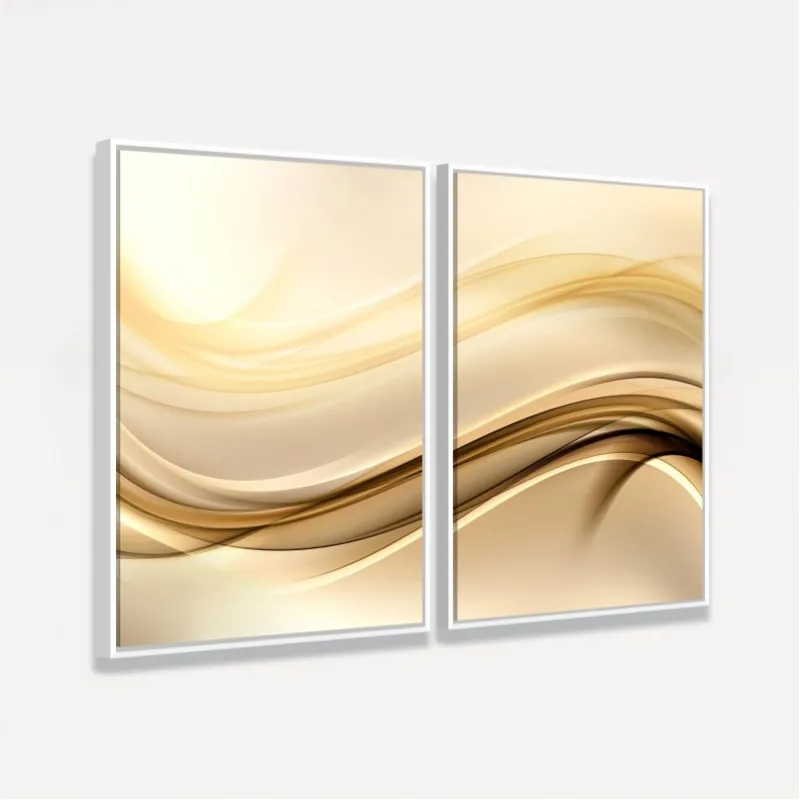 Quadro Abstrato Duo com Linhas de Ouro e Ondas