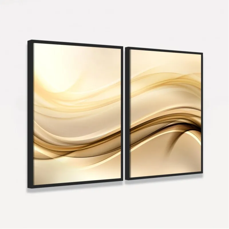 Quadro Abstrato Duo com Linhas de Ouro e Ondas