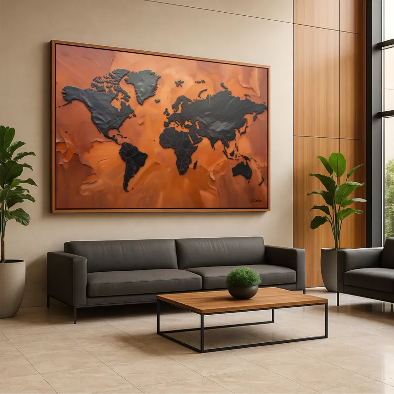 Quadro Mapa Mundi Terracota Vibrante E Grafite Metálico