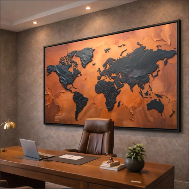 Quadro Mapa Mundi Terracota Vibrante E Grafite Metálico - Arte Exclusiva