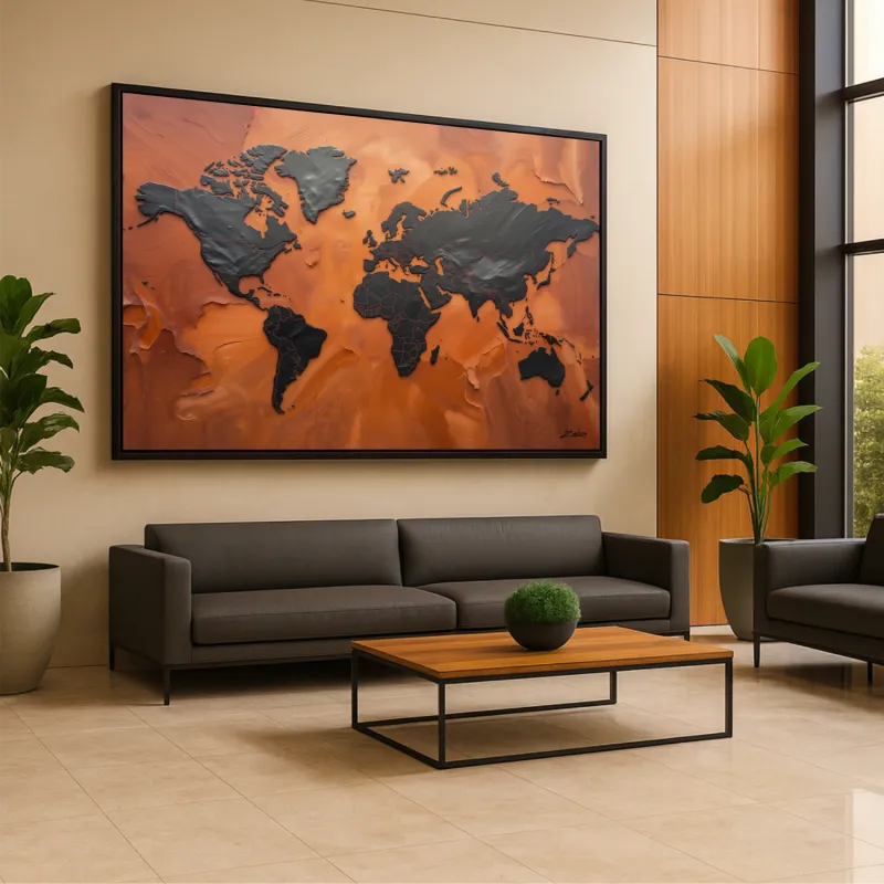 Quadro Mapa Mundi Terracota Vibrante E Grafite Metálico