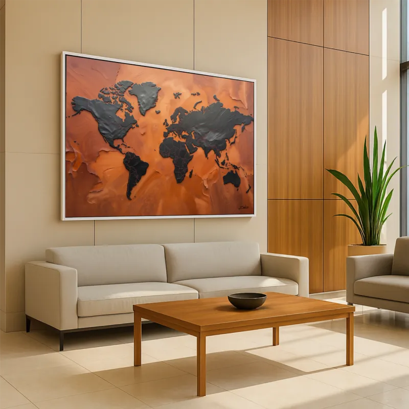 Quadro Mapa Mundi Terracota Vibrante E Grafite Metálico