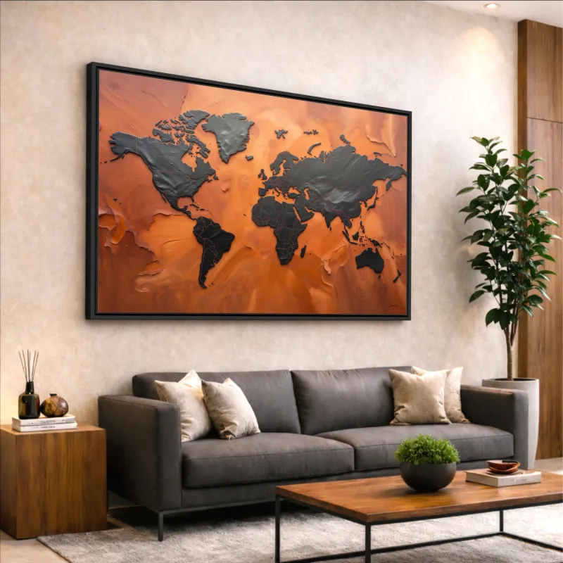 Quadro Mapa Mundi Terracota Vibrante E Grafite Metálico - Arte Exclusiva