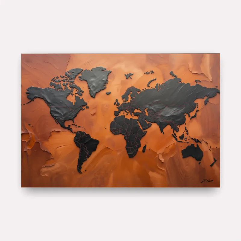 Quadro Mapa Mundi Terracota Vibrante E Grafite Metálico