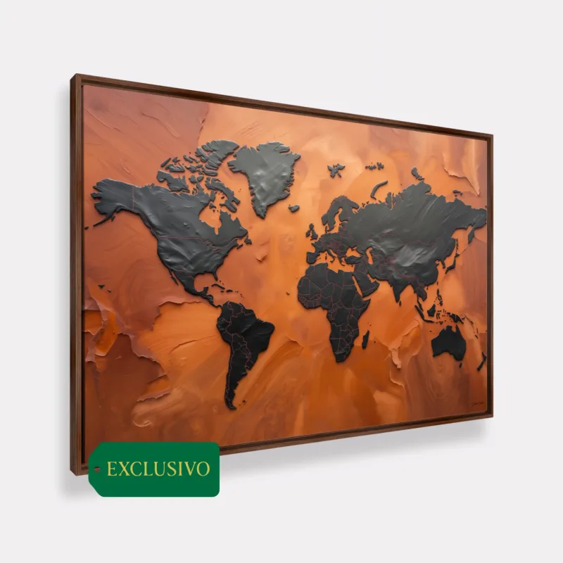 Quadro Mapa Mundi Terracota Vibrante E Grafite Metálico - Arte Exclusiva