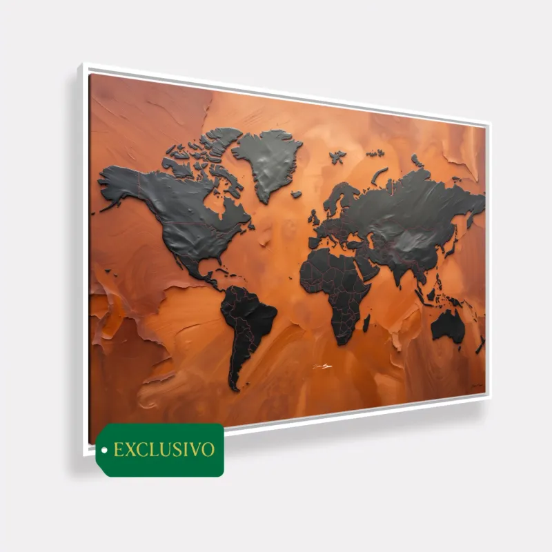 Quadro Mapa Mundi Terracota Vibrante E Grafite Metálico - Arte Exclusiva